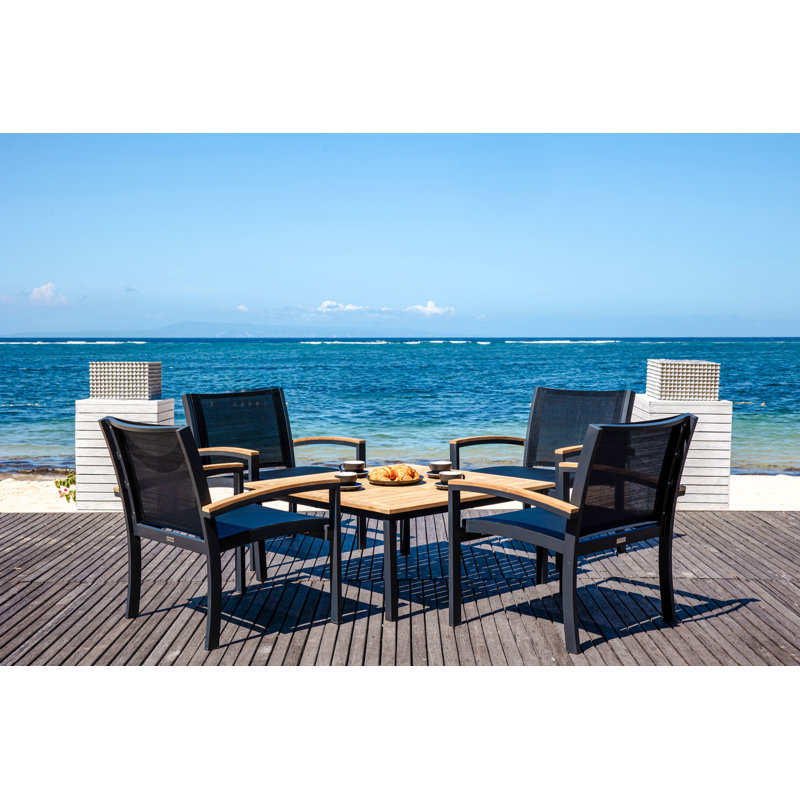 Tribeca Aluminum Teak Sling Stacking Lounge Chair, Black/Brown