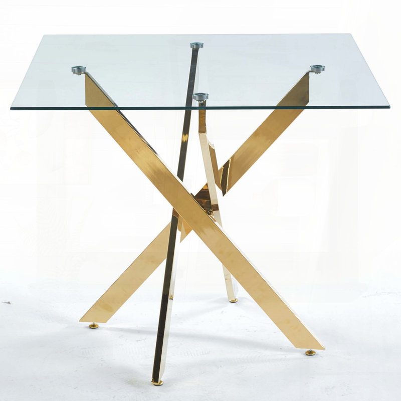 Table de salle à manger carrée avec pieds croisés chromés et verre trempé - 35,4 po x 35,4 po x 29,5 po, Doré