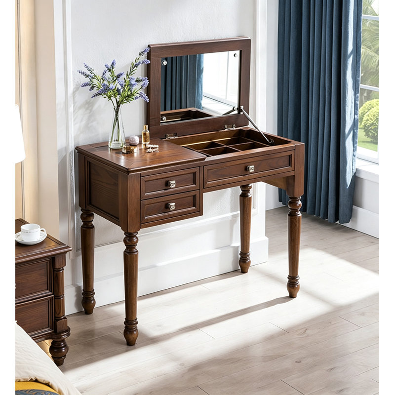 Table de coiffeuse en bois avec miroir rabattable et tiroirs de rangement