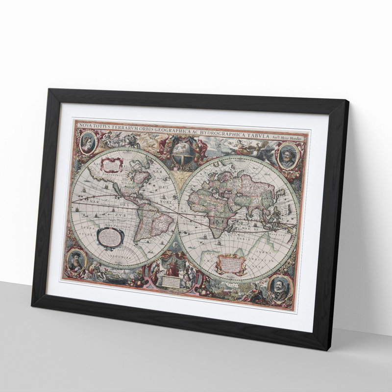 Vintage World Map Vol.2 by Henricus Hondius Ii - Picture Frame Painting, Black, 48cm H x 65cm W x 2cm D