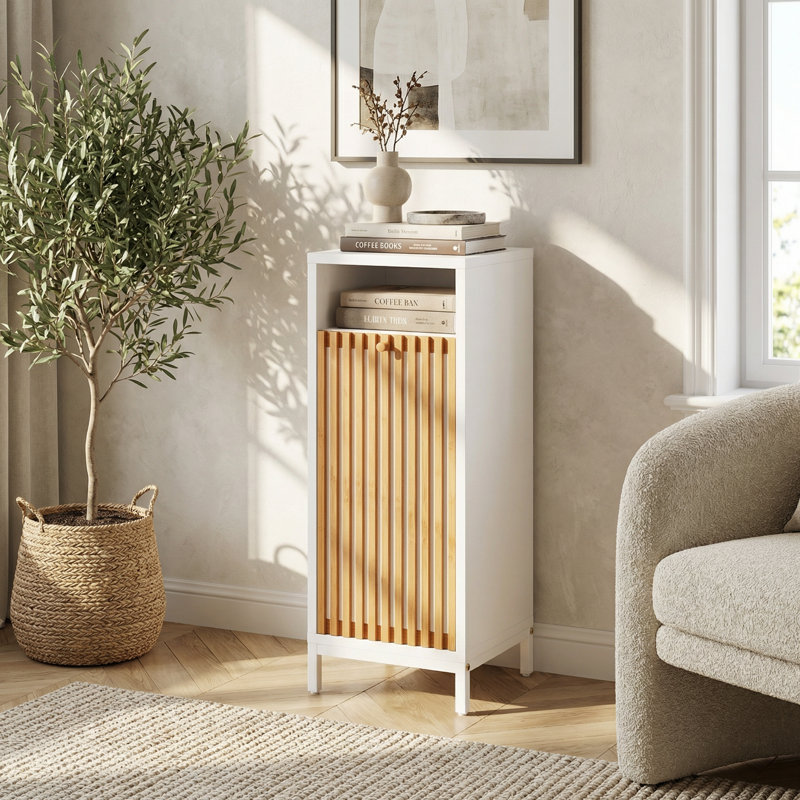 Freestanding Storage Cabinet with Bamboo Front and Removable Laundry Hamper for Bathroom, Bedroom, and Laundry Room Organization