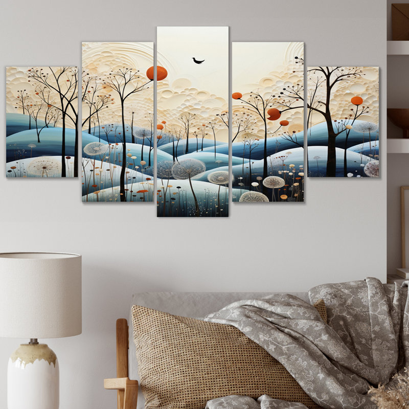 Bleu blanc moderne scandinave Winter Pointillism IV - reproduction d'art moderne sur toile scandinave - 5 panneaux