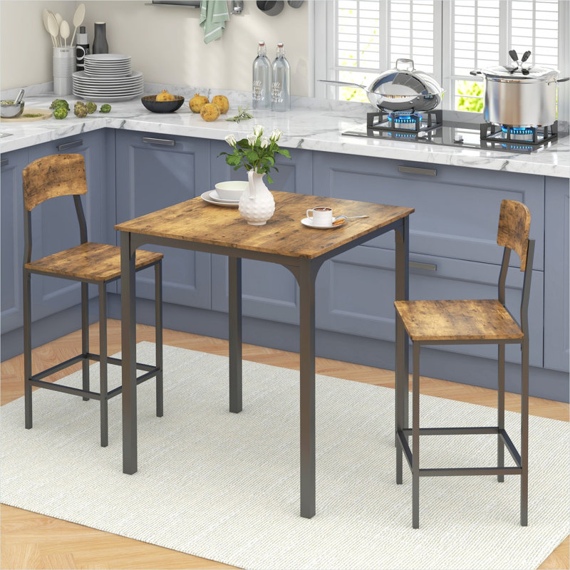 Ensemble de table de bar à hauteur de comptoir 3 pièces brun chaud et noir élégant, table de salle à manger carrée avec 2 tabourets, style industriel compact pour les petits espaces