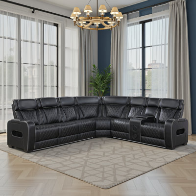 Savion 128" Modern & Contemporary 3-Piece Power Reclining Sectional - Faux leather Sectional with Ultimate Drop-Down Console with Wireless Charging and Dual Power Reclining & Adjustable Headrests