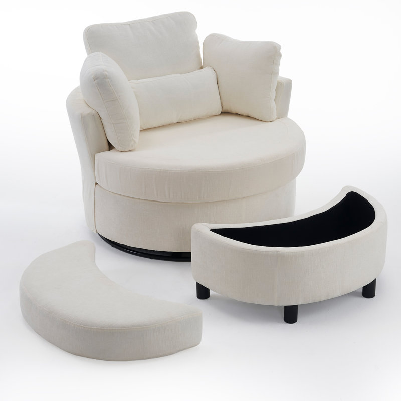 Swivel Armchair with Footstool, Beige Chenille