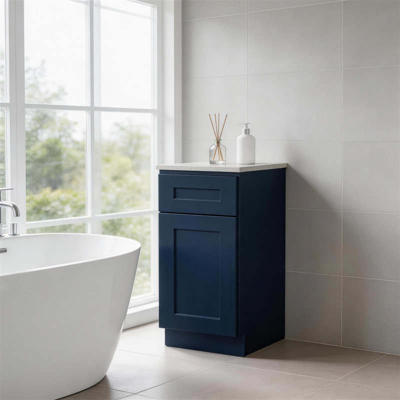 Armoire de base 15 po bleu marine Shaker avec porte à fermeture en douceur, tiroir, unité en bois massif compacte avec tablette réglable pour la cuisine, la salle de bain, la buanderie et le garage (l 15 po x P 24 po x H 34,5 po)