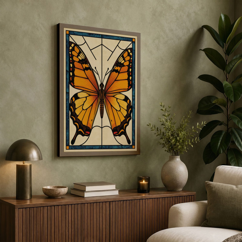 Symmetrical Butterfly Art Deco 1 Piece Wrapped Canvas Wall Art, 18x12 - 45.7 x 30.5 cm, Ochre Border