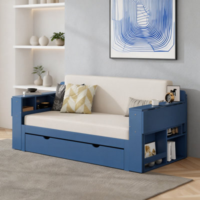 Lit de jour double avec bureau amovible, tiroirs de rangement et table d'appoint hydraulique, bleu, parfait pour les petits espaces