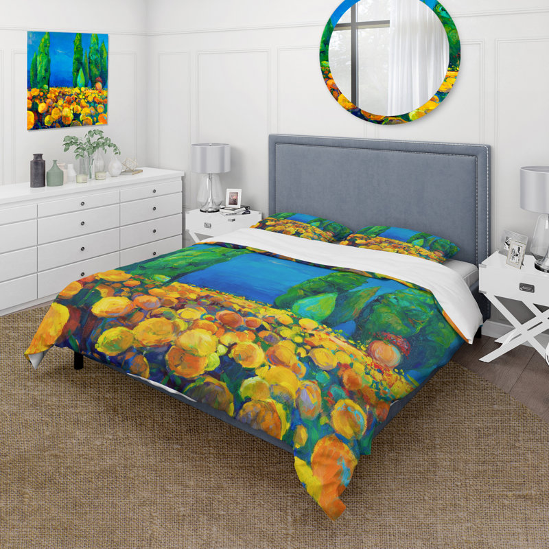 Paysage de floraison jaune avec arbres verts - ensemble de housse de couette traditionnel - microfibre de polyester