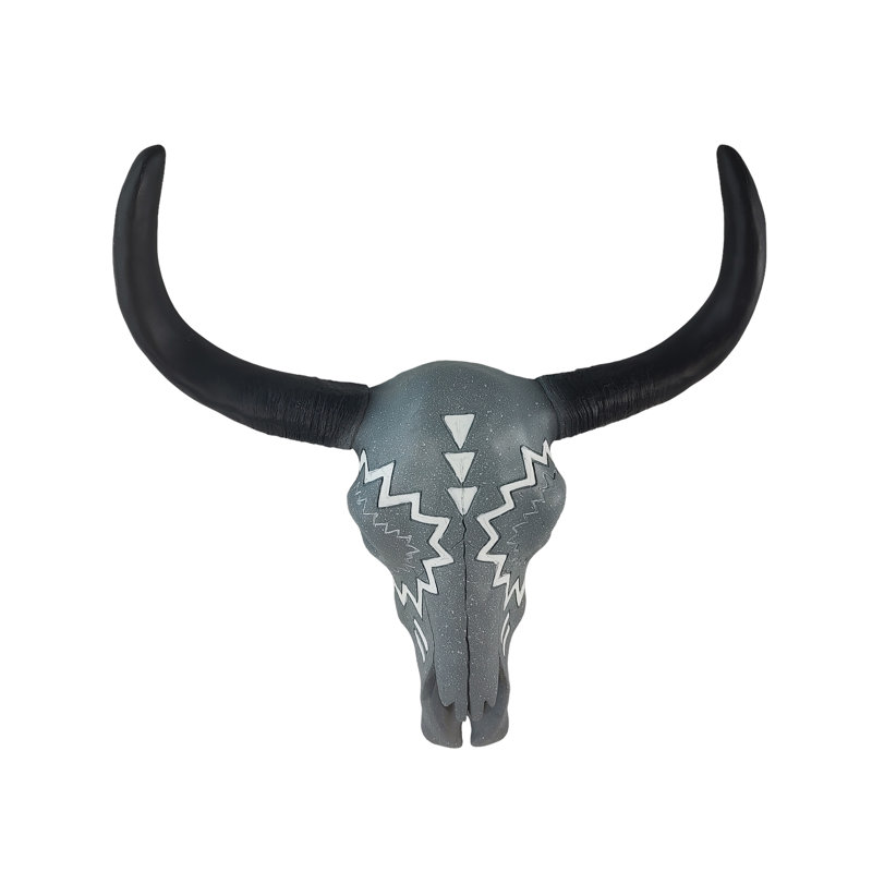 Southwestern Tribal Painted Grey Longhorn Cow Bull Skull with Black Horn Accent Hanging Wall Décor