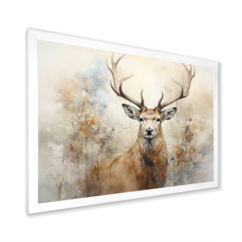 Minimalisme beige, portrait de chevreuil III - impression sur toile encadrée de cerf, L 20 po x H 12 po x P 1 po, Cadre blanc