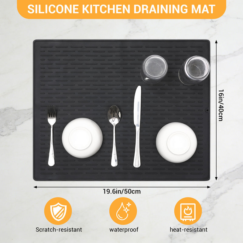 Tapis de cuisine en silicone à séchage rapide pour vaisselle 3 pièces, Noir