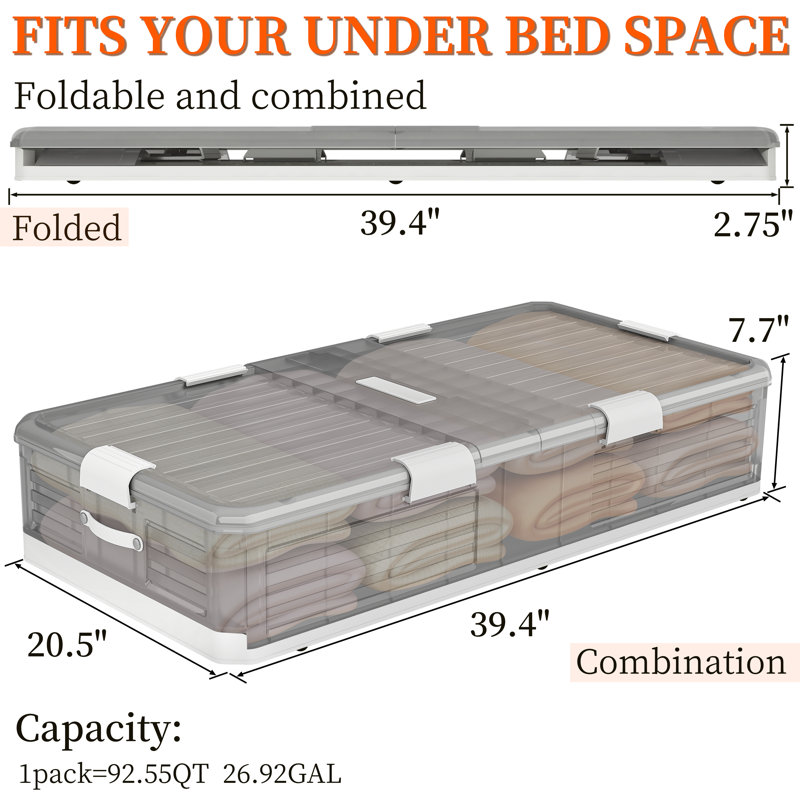 Storage Bin Under Bed Storage Containers Stackable Underbed Storage with Wheels, 92.55 qt., Black