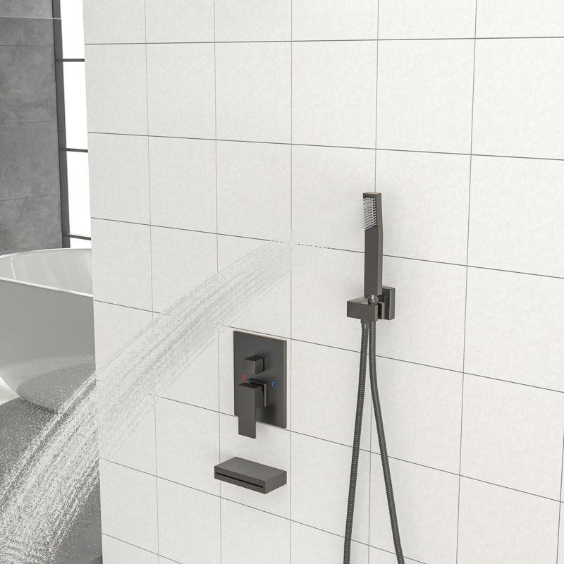 Oil-Rubbed Bronze Shower Outfit With Waterfall Tub Spout And System - 12" Ceiling Mount Square, Handheld, Valve, Reduces Temperature Loss Head Max Flow Rate 1.8 Gpm