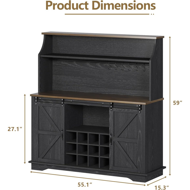 Abrianna 55'' Farmhouse Coffee Bar Cabinet with Tier Storage & Wine Racks , Black