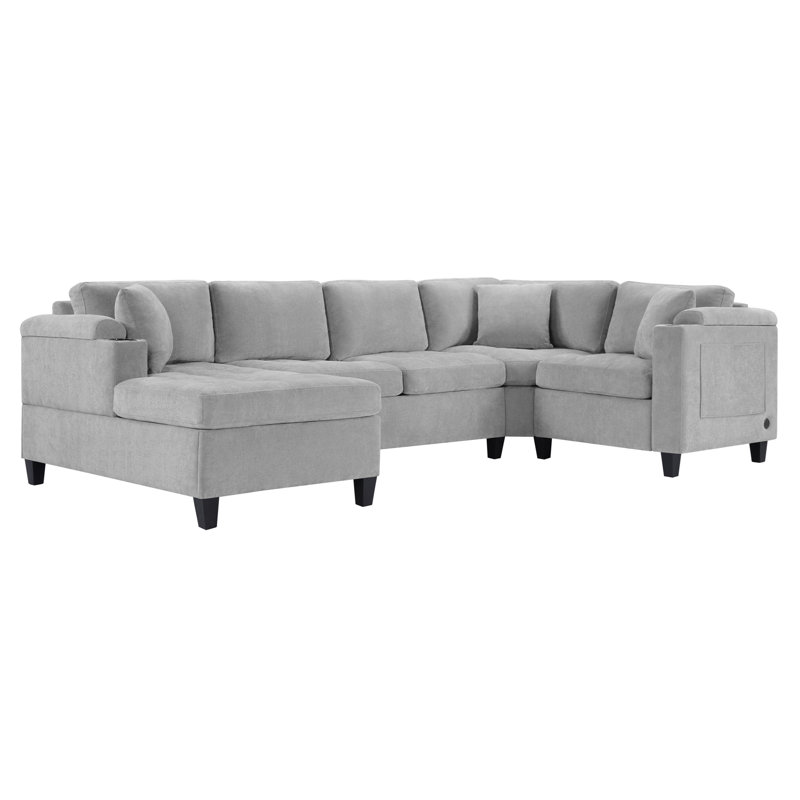 Light Grey 115.7" Oversized U-Shaped Sectional Sofa with Cup Holders & USB Ports, Chenille - Light Gray