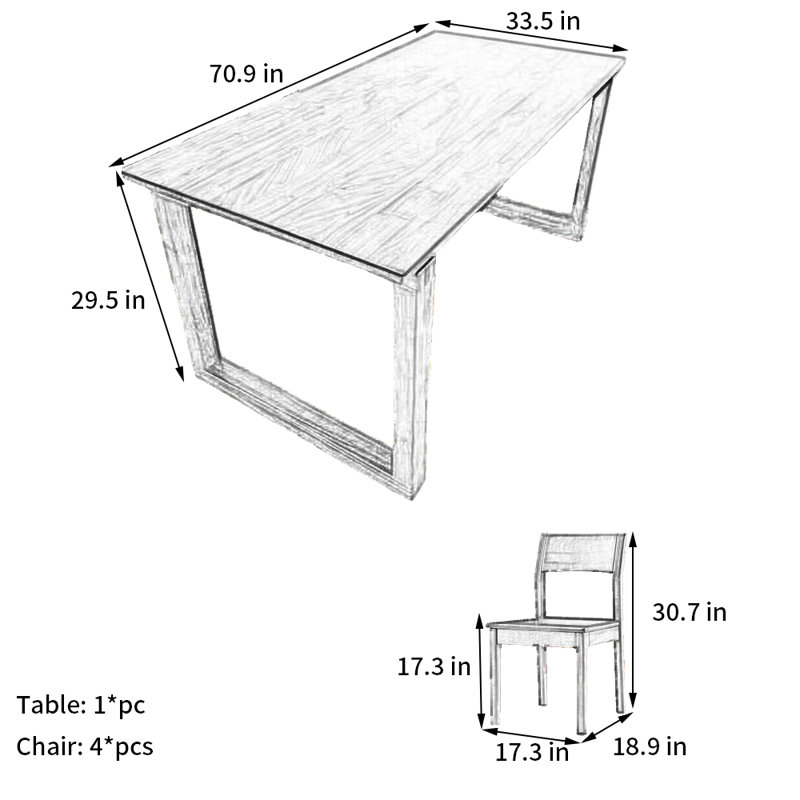 Ensemble de table de salle à manger en bois massif, H 29,5 po x L 70,9 po x l 33,5 po