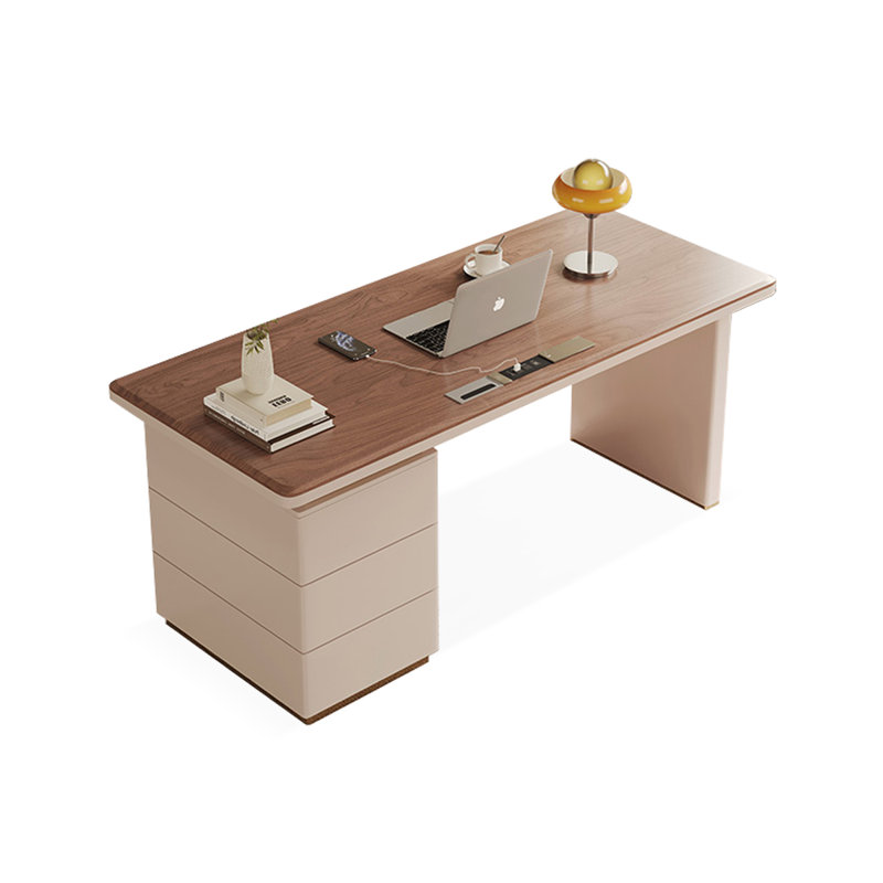Bureau à 3 tiroirs brun noyer + blanc massif + bois manufacturé, Retour à droite, H 29,53 po x l 62,99 po x P 27,56 po