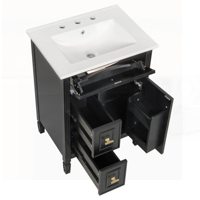 Meuble-lavabo autoportant avec lavabo, armoire en bois massif et panneau de fibres à densité moyenne, un tiroir rabattable, deux tiroirs standard et une tablette réglable pour un rangement optimal