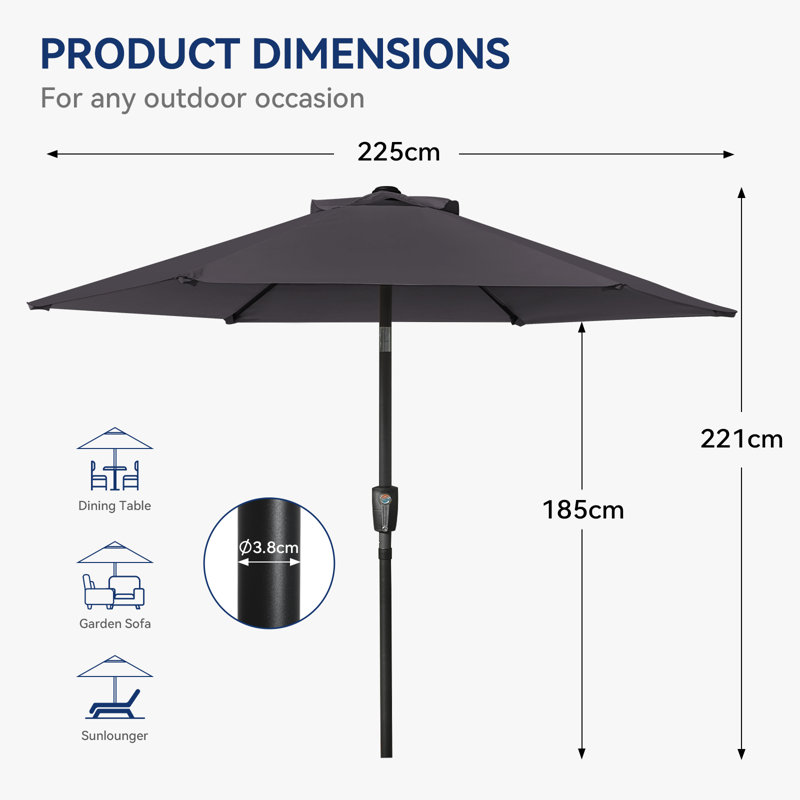 Cemil 225cm Market Parasol, Grey