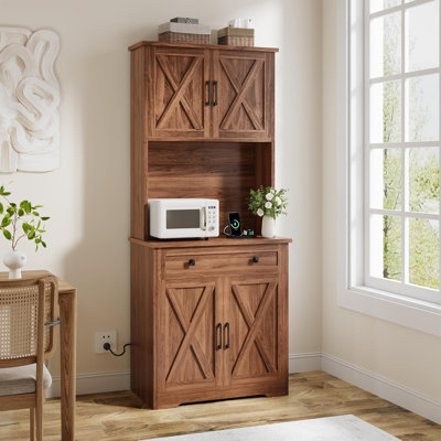 71" Tall Kitchen Pantry Cabinet with Charging Station, Farmhouse Hutch with Microwave Stand, Storage Cupboard with Drawer & Doors, Brown