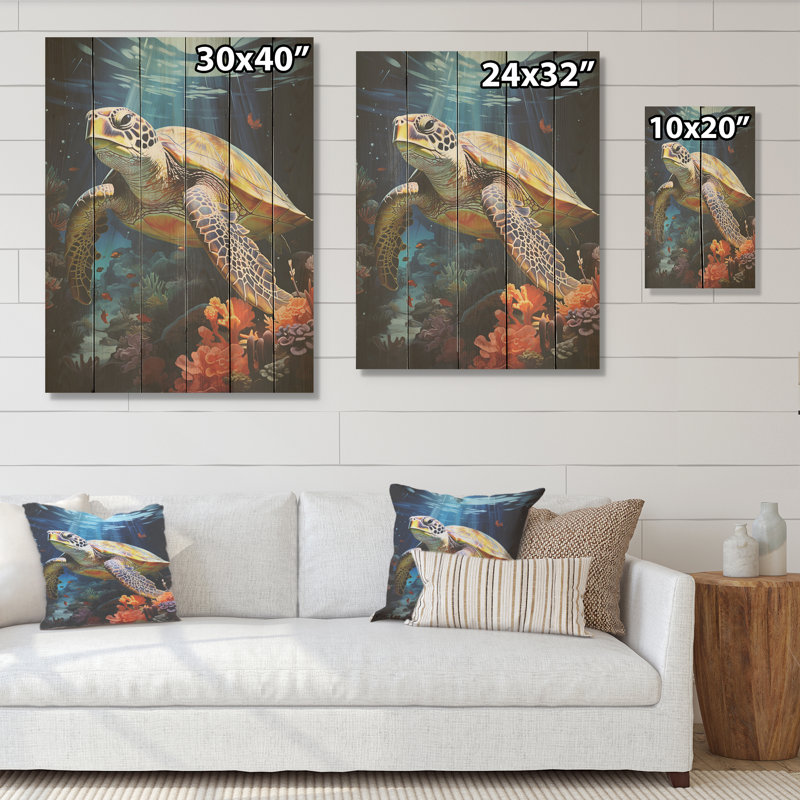 «Dreamy Marine Encounter» - panneau mural en bois de tortue sur bois de pin naturel, H 40 po x l 30 po