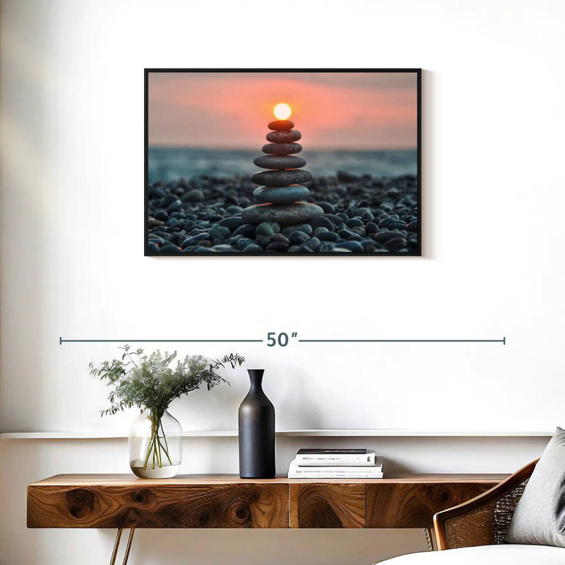 Zen pile au coucher du soleil, Cadre flottant noir, 31 po x 21 po