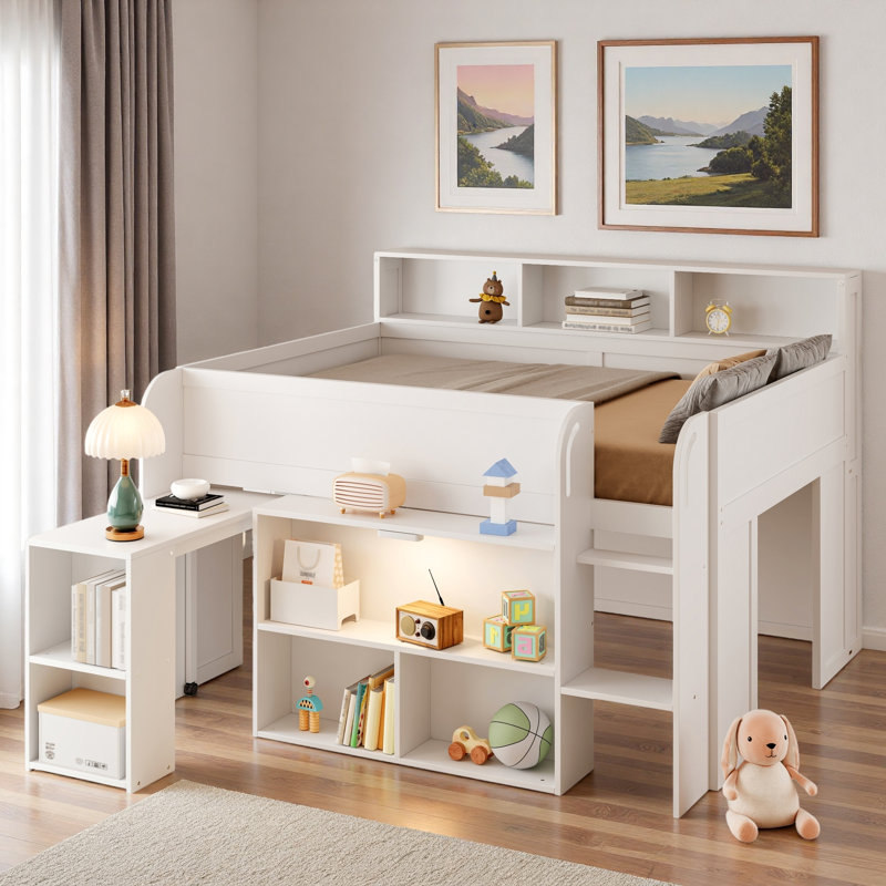 Lit mezzanine avec plusieurs tablettes de rangement, bureau et DEL, Blanc