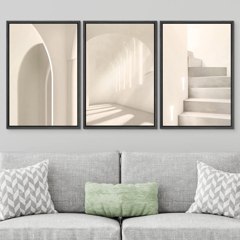 "Architecture Building", impression géométrique bicolore encadrée sur toile, 3 pièces, H 36 po x l 72 po x P 1,5 po, Noir