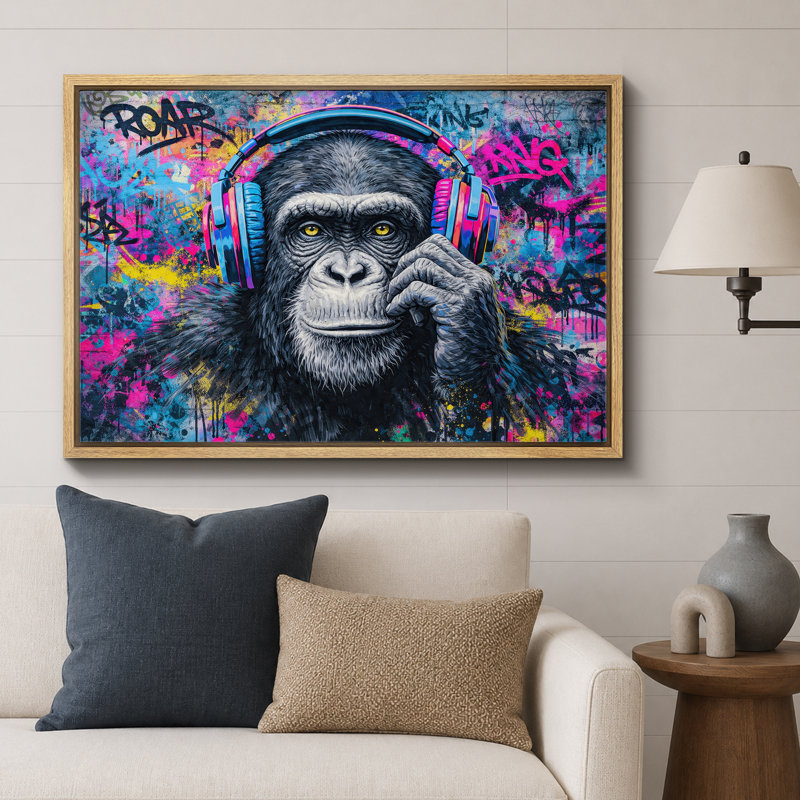 Chimpanzé, casque d'écoute, graffiti, Cadre naturel, H 16 po x l 24 po x P 1,5 po
