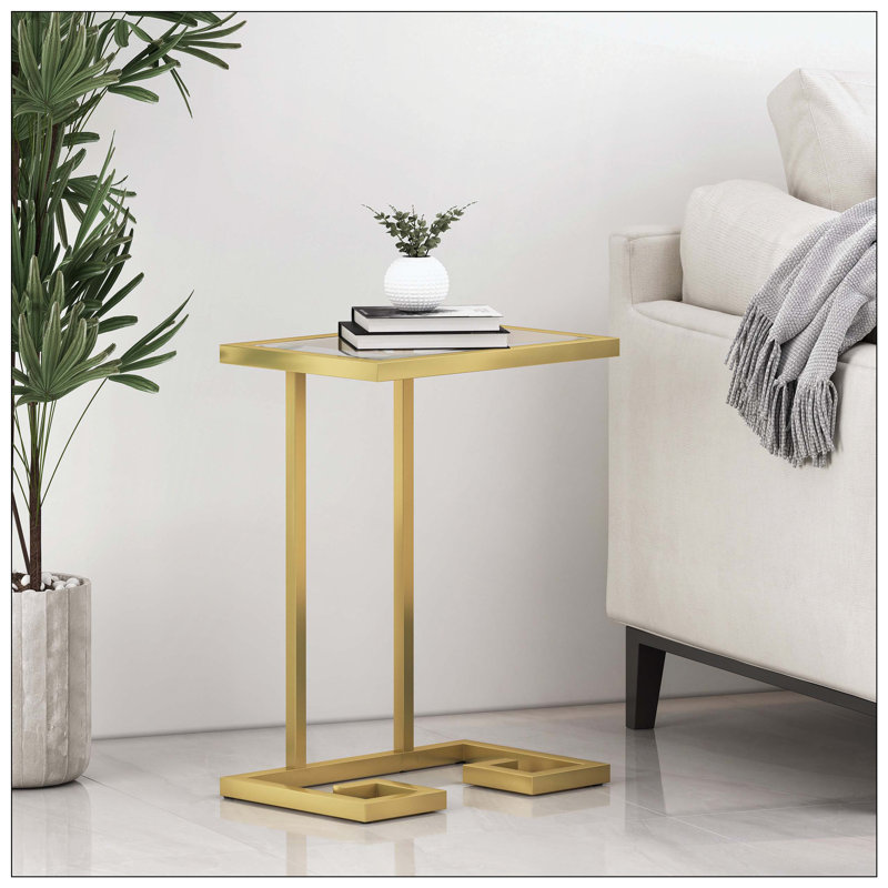 End Tables, Elevates Interior Decor Atmosphere With Sophistication And Style, Features C-Shaped Design And Tempered Glass Tabletop With Greek Styled Elements