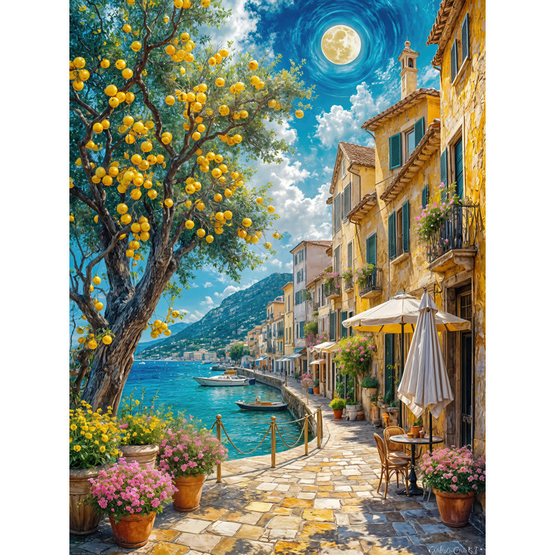 Art mural sur toile Lemon Harbor, bord de mer méditerranéen, paysage de bord de mer vertical, H 24 po x l 16 po x P 1,5 po
