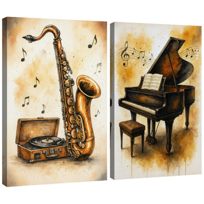 Saxophone and Piano Artwork, Jazz Music Room Pictures, Framed Canvas Giclee Print 2 Pieces Wall Art