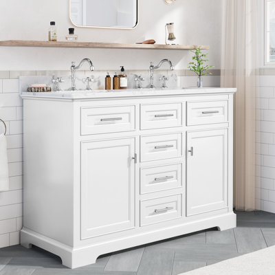 Meuble-lavabo autoportant de 107 cm (42 po) en bois vert avec lavabo simple et comptoir en pierre reconstituée