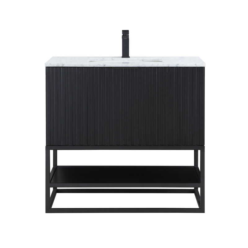 Terra 36'' Single Bathroom Vanity with Top, Carrara Marble/Single Faucet Mount, Midnight Black, Matte Black