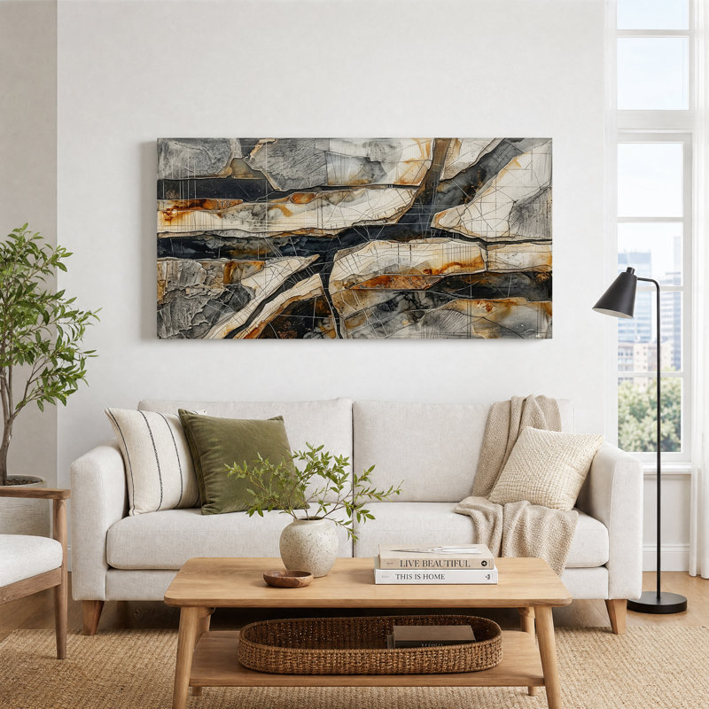 Toile murale à texture géométrique abstraite rouille et grise, 32“W x 16”H