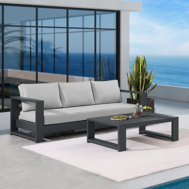 Hoyt Outdoor Aluminum Conversation Set with End Table, Black, 2 Pcs: Coffee Table, 1 Sofa, Light Gray