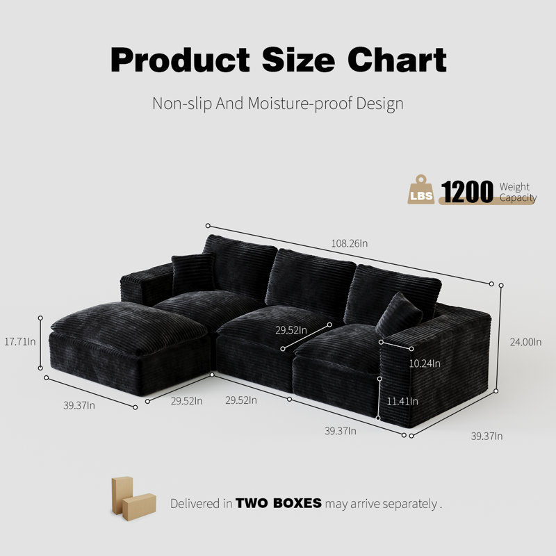 108" Sectional Couch with L-Shape Chaise, Modular Plush Corduroy Sofa, Left-Right Reversible, Living Room & Bedroom