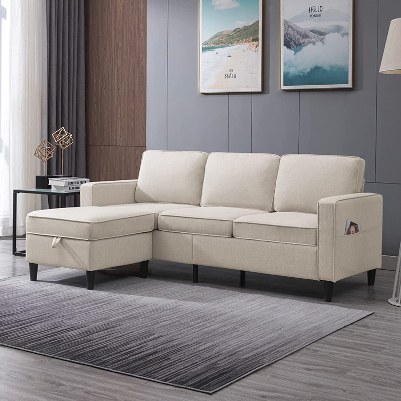 78" L-Shaped Linen Sectional Sofa with Storage Ottoman & Side Pockets, Beige, Beige Linen Blend