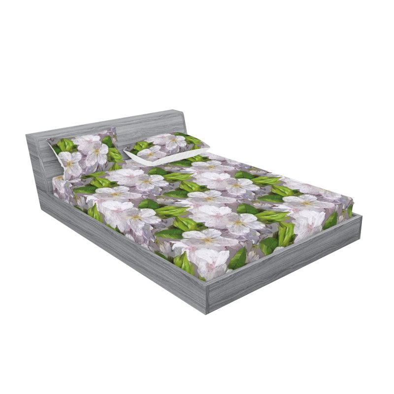 Drap-housse et taies décoratives 3 pièces Ambesonne, Vert fougère, gris pâle / floral