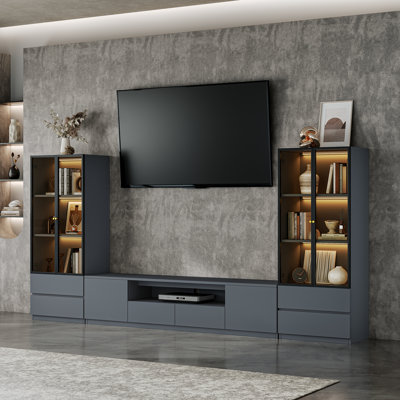 Crafton Modern 125.9'' Gray Entertainment Center With Bookshelves Suitable For 55/65/70/75 inch TV, Wooden Media Console With 78.7" Storage TV Stand And Lights Glass Display China Cabinets For Living Room And Bedroom