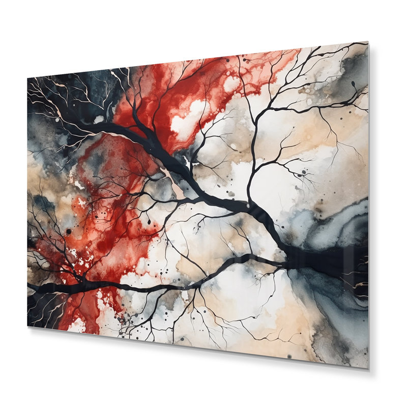 Red Black Captivating Liquid Ink - Modern Geometric Metal Wall Decor, 16" H x 32" W
