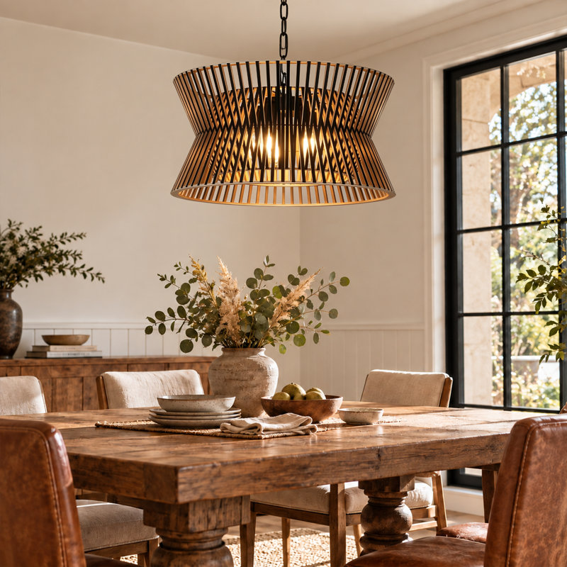 Arba 5-Light Dimmable Solid Wood Drum Chandelier, 24"W × 24"W, Black