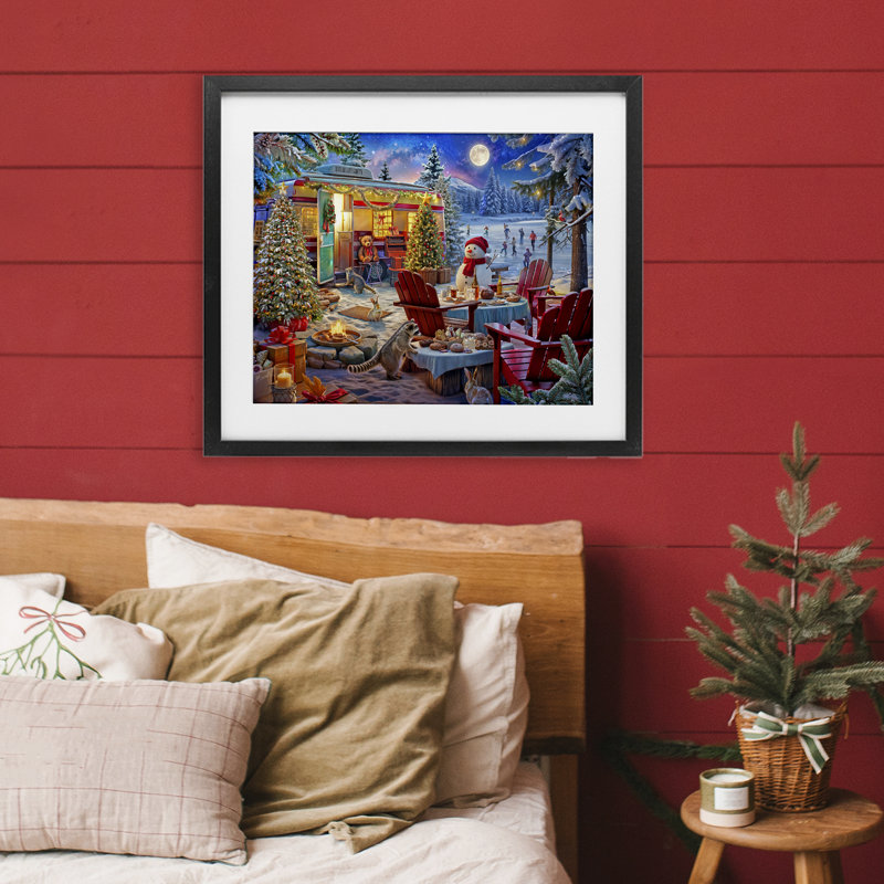 Winter Holiday Camper Party, reproduction encadrée sous verre, conception de Henriette Chinaglia, H 13 po x l 16 po