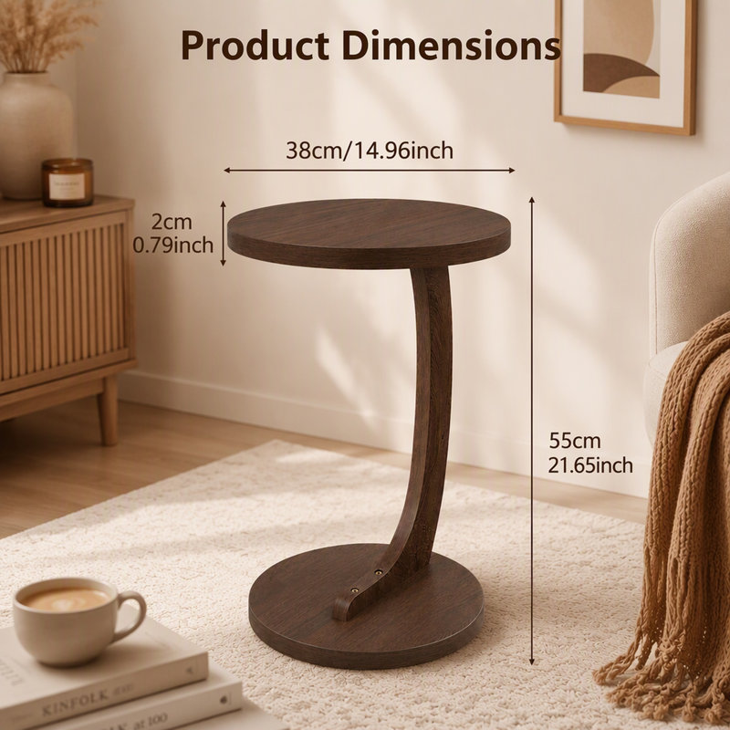 C-Shaped End Table with Walnut Wood Grain Finish