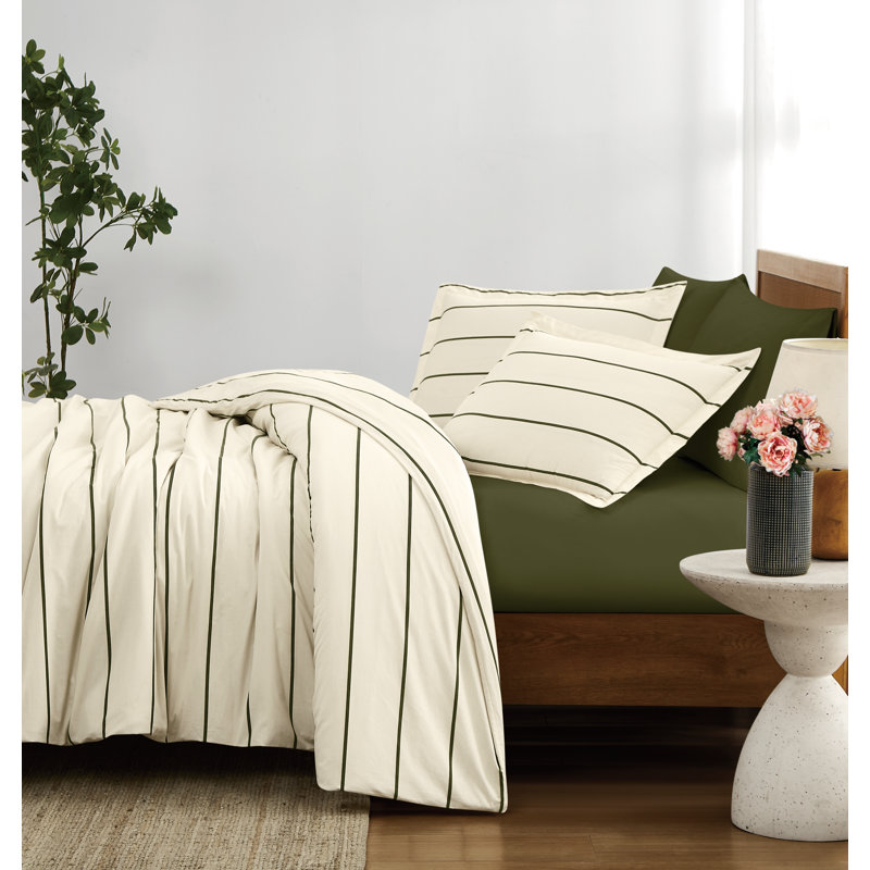 Ensemble d'édredon à rayures Brookward, Édredon pour très grand lit + 2 taies décorativ, Ivoire / vert