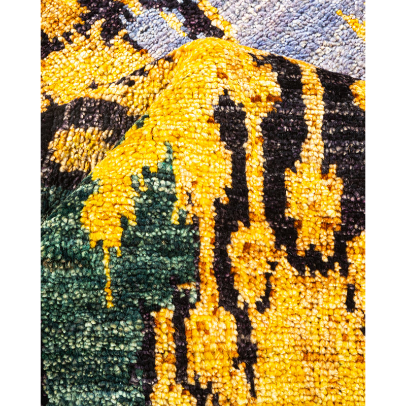 Tapis noir / jaune / vert moderne unique en son genre noué à la main 5 pi 10 po x 9 pi 2 po