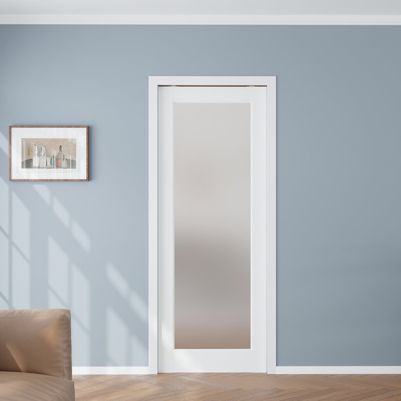 30 in. x 80 in. 1-Lite Frosted Glass Solid Manufactured Wood White Primed Pocket Door with Hardware & Soft Close, 30" x 80"