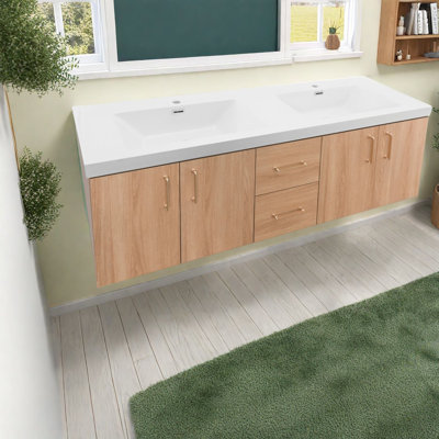 Modern Double Sink Vanity Cabinet With Gold Handles, Mdf Construction
