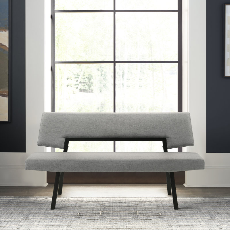 Jeiren 63" Wide Upholstered Dining Bench with Back in Rubberwood and Fabric, Charcoal, Black
